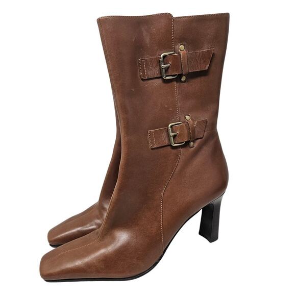 Vintage Y2K Bandolino 10 Brown Leather Square Toe Buckle Chunky Boot Minimalist - Picture 1 of 7